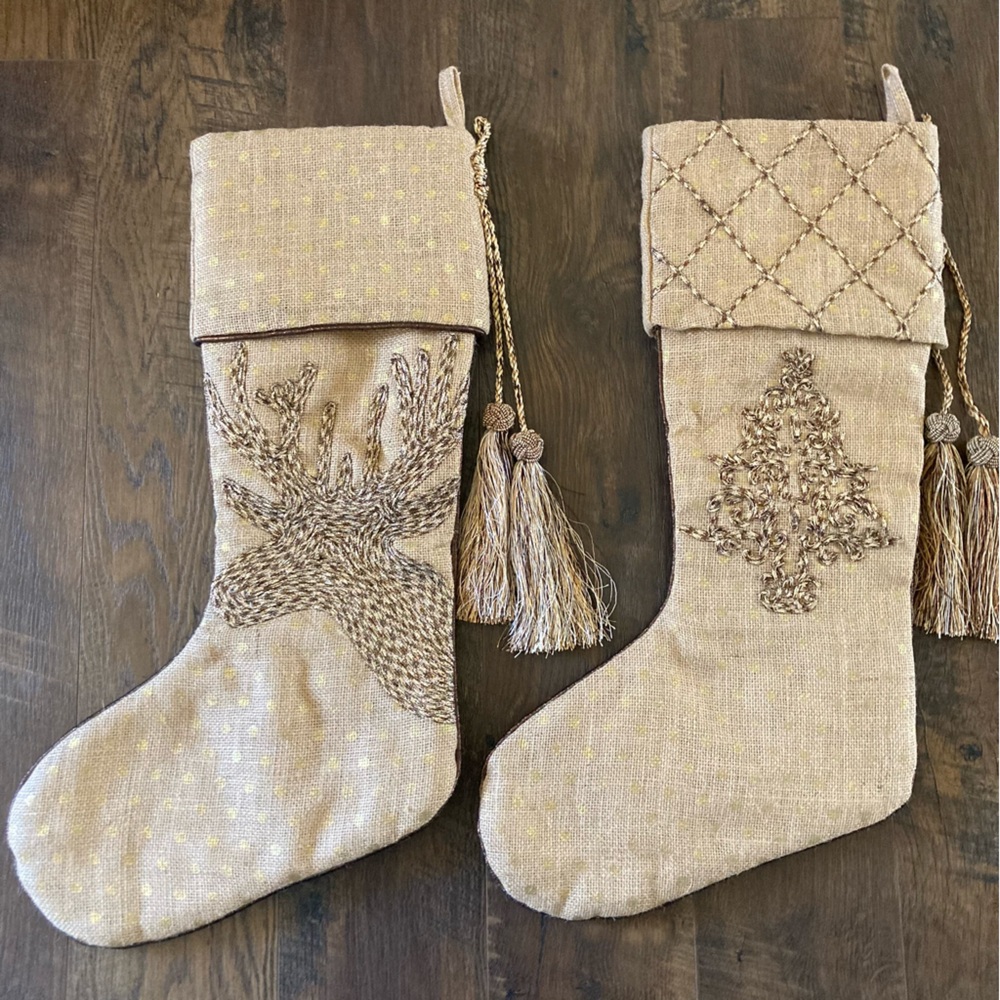 Farrisilk Pair Of Stockings Rustic Burlap Jute 22” Reindeer & Christmas Tree